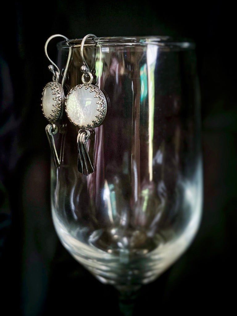 Moon Goddess White Mother of Pearl Sterling Silver Earrings with Hammered Wire Paddle Dangles - Jewelry