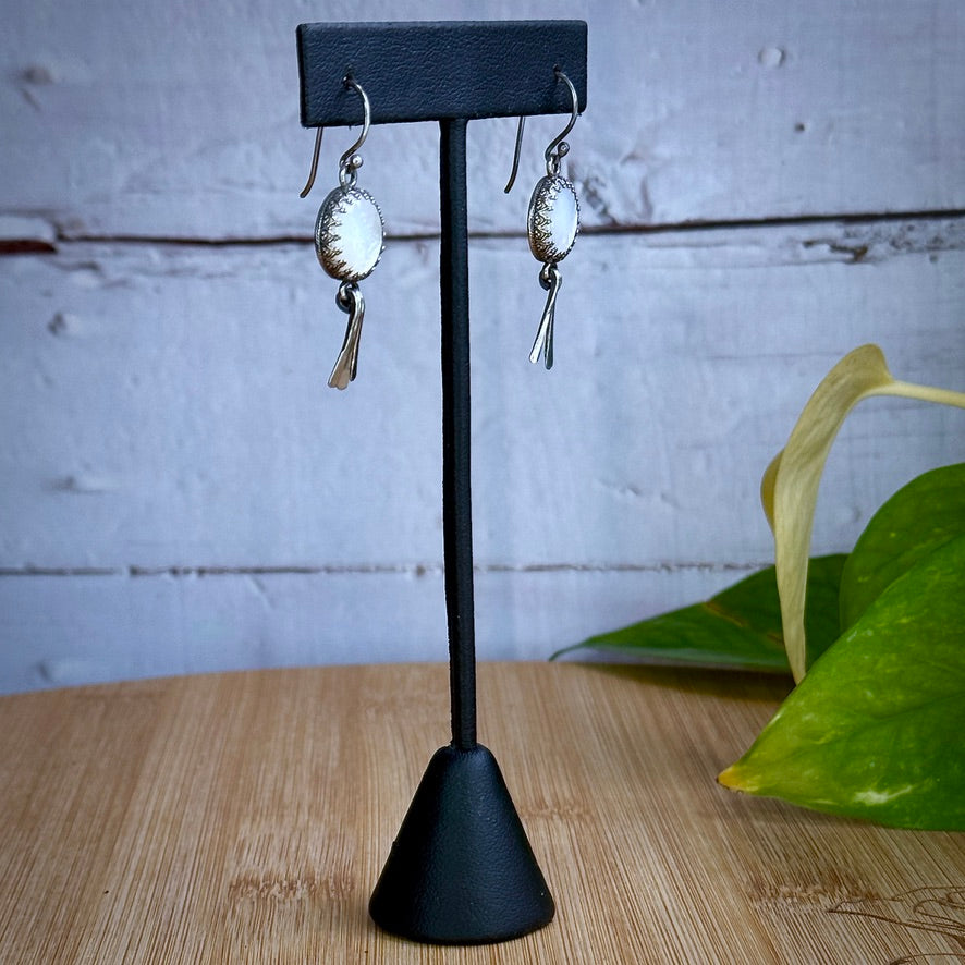 Moon Goddess White Mother of Pearl Sterling Silver Earrings with Hammered Wire Paddle Dangles - Jewelry