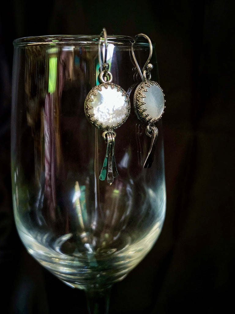 Moon Goddess White Mother of Pearl Sterling Silver Earrings with Hammered Wire Paddle Dangles - Jewelry