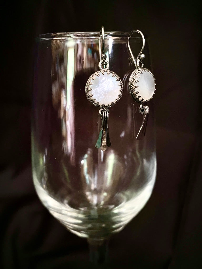 Moon Goddess White Mother of Pearl Sterling Silver Earrings with Hammered Wire Paddle Dangles - Jewelry