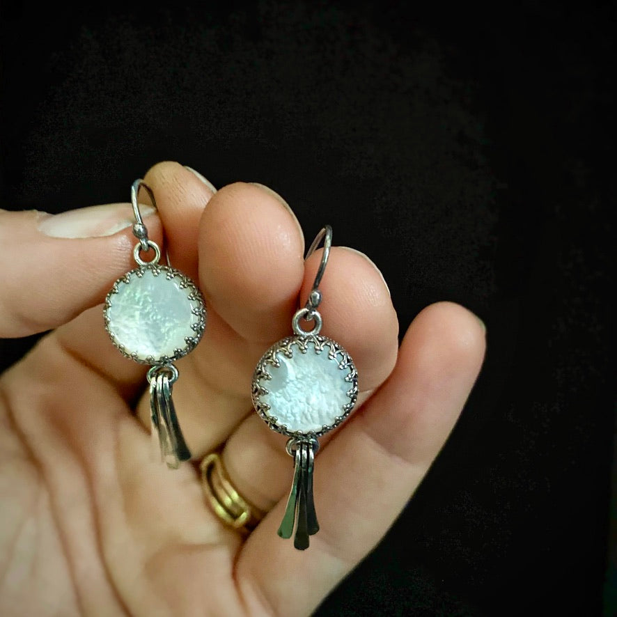 Moon Goddess White Mother of Pearl Sterling Silver Earrings with Hammered Wire Paddle Dangles - Jewelry