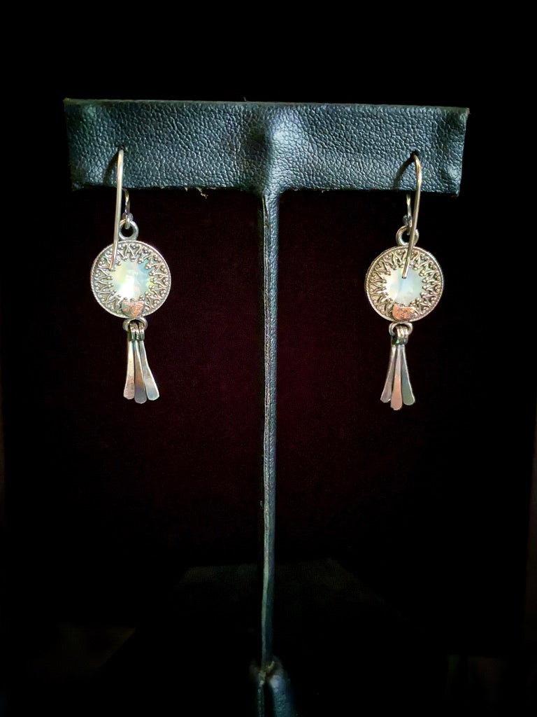 Moon Goddess White Mother of Pearl Sterling Silver Earrings with Hammered Wire Paddle Dangles - Jewelry