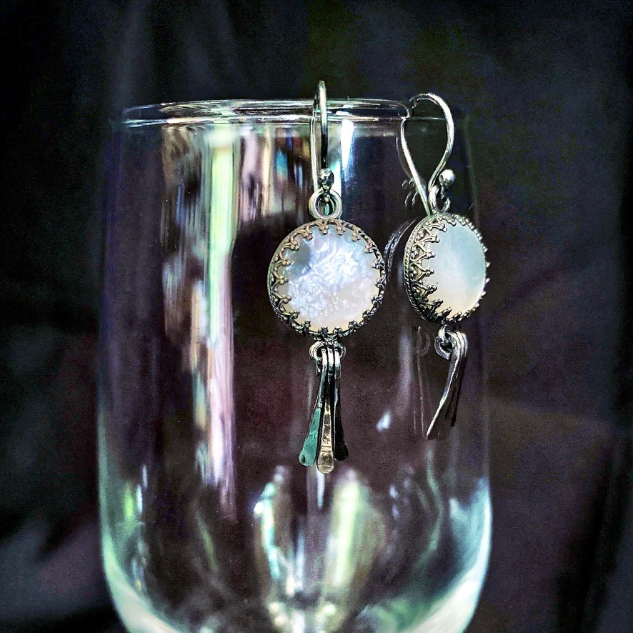 Moon Goddess White Mother of Pearl Sterling Silver Earrings with Hammered Wire Paddle Dangles - Jewelry