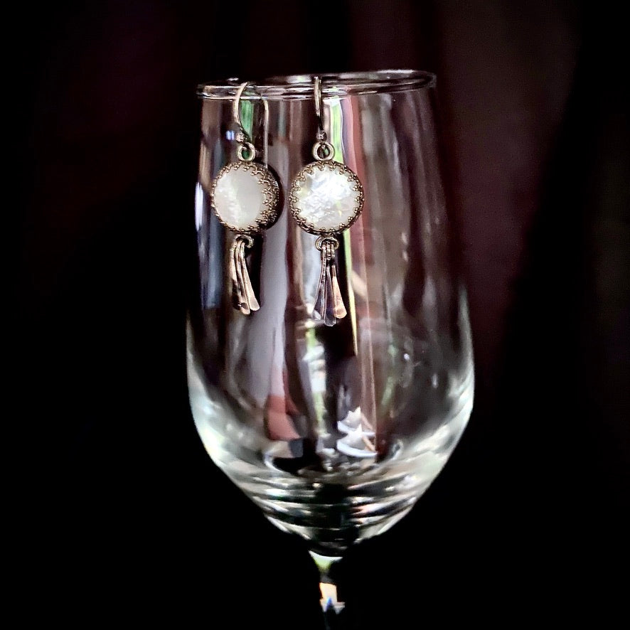 Moon Goddess White Mother of Pearl Sterling Silver Earrings with Hammered Wire Paddle Dangles - Jewelry