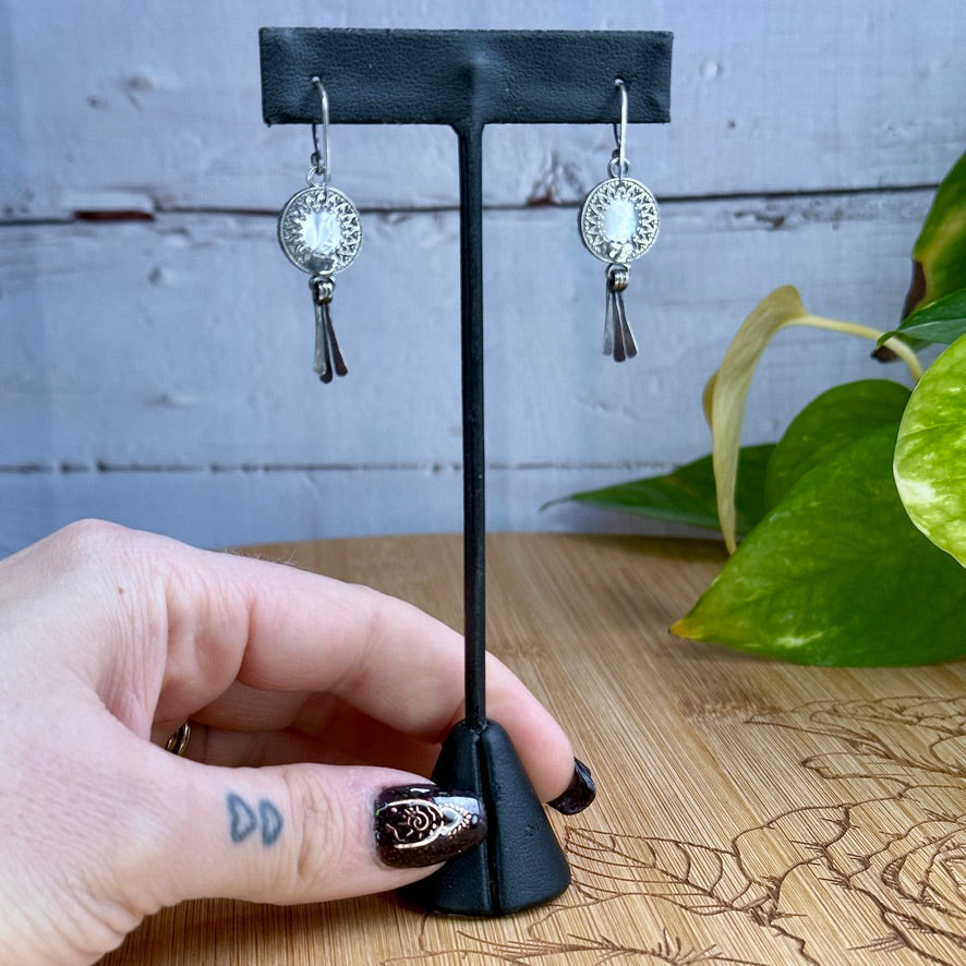 Moon Goddess White Mother of Pearl Sterling Silver Earrings with Hammered Wire Paddle Dangles - Jewelry