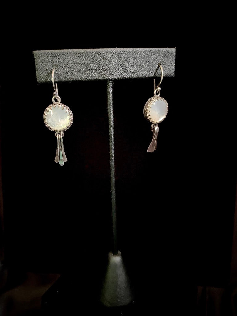 Moon Goddess White Mother of Pearl Sterling Silver Earrings with Hammered Wire Paddle Dangles - Jewelry