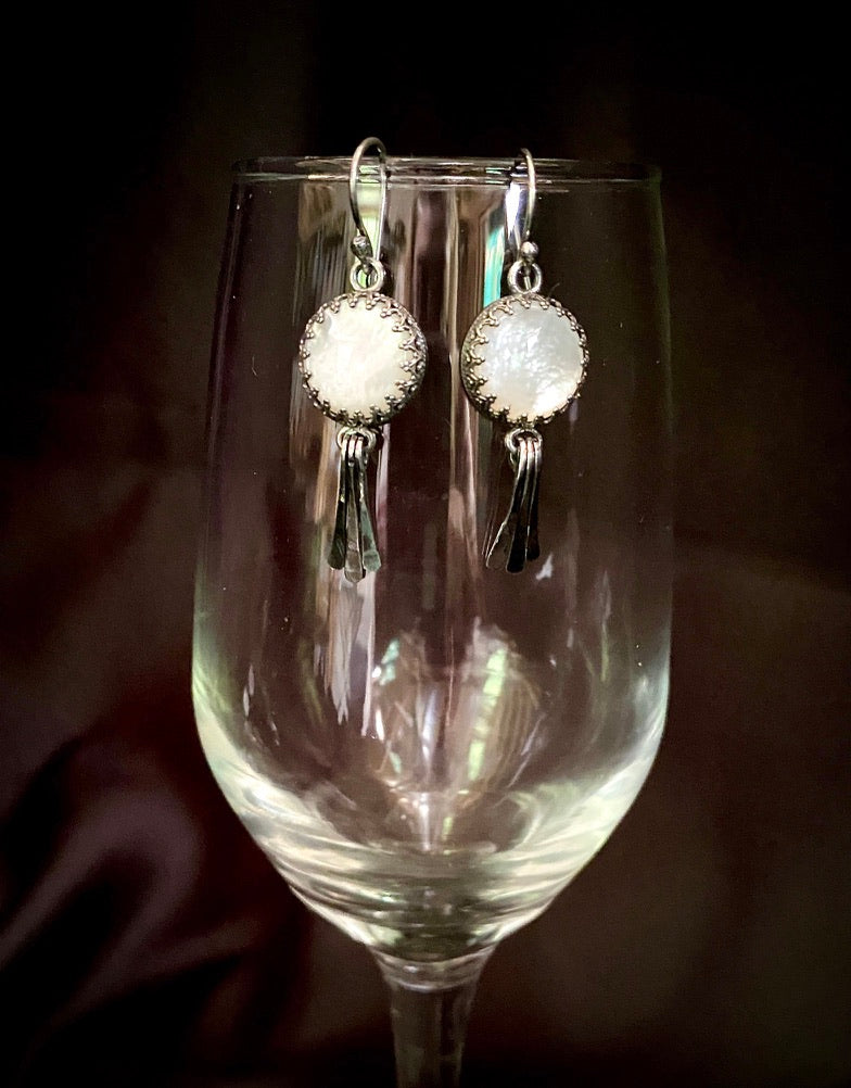 Moon Goddess White Mother of Pearl Sterling Silver Earrings with Hammered Wire Paddle Dangles - Jewelry