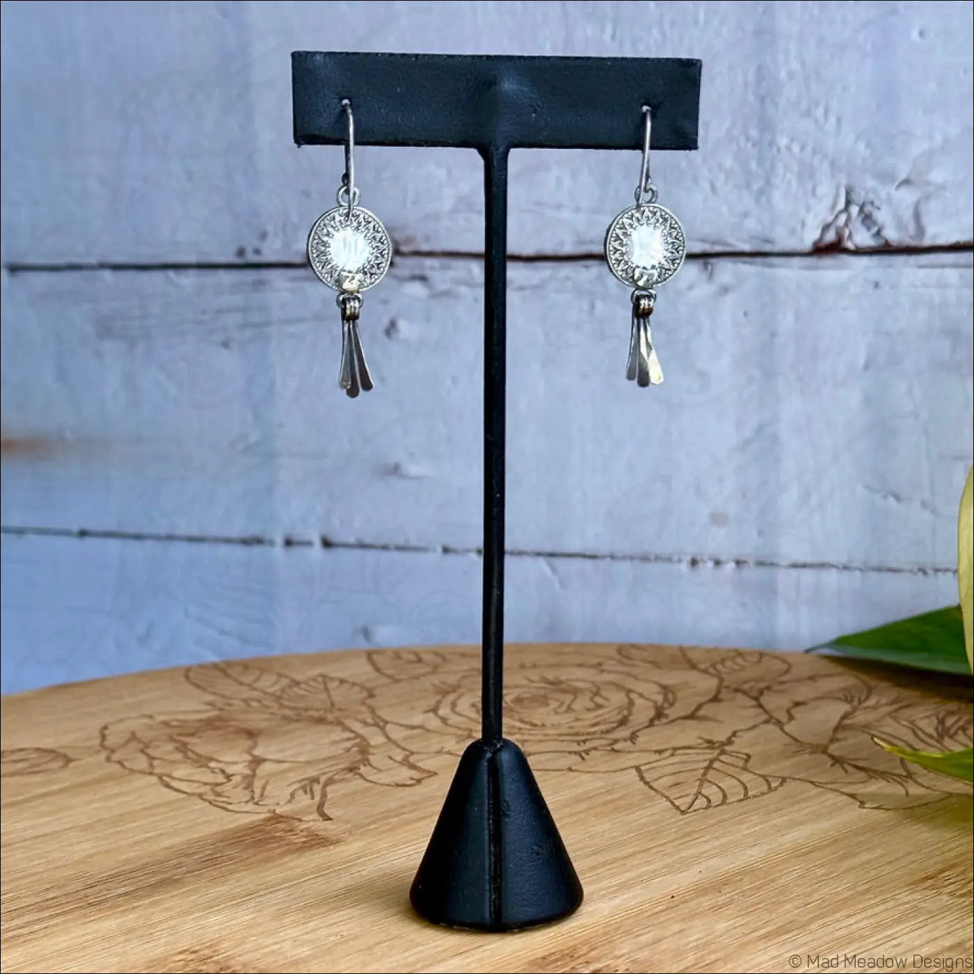 Moon Goddess White Mother of Pearl Sterling Silver Earrings with Hammered Wire Paddle Dangles - Jewelry