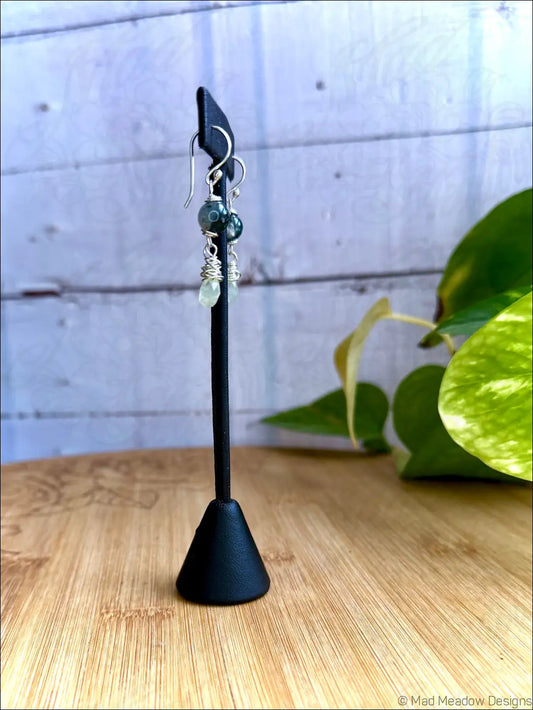 Moss Agate and Prehnite Drop Sterling Silver Wire Wrapped Dangle Earrings - Jewelry