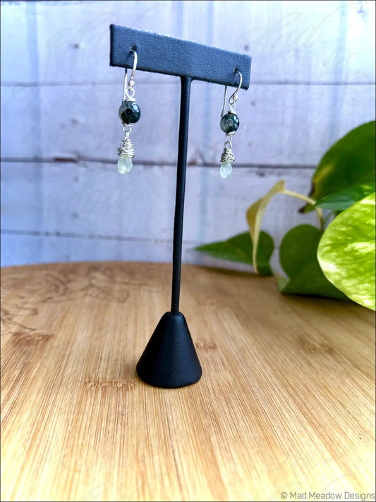 Moss Agate and Prehnite Drop Sterling Silver Wire Wrapped Dangle Earrings - Jewelry