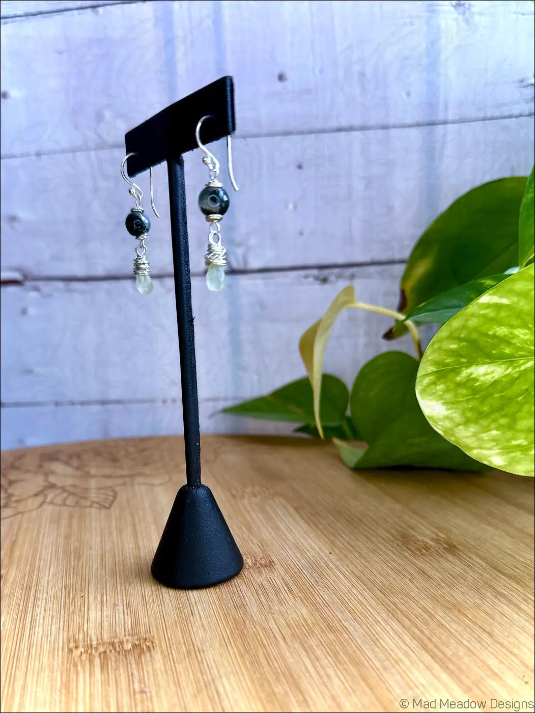 Moss Agate and Prehnite Drop Sterling Silver Wire Wrapped Dangle Earrings - Jewelry