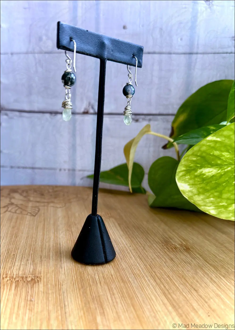 Moss Agate and Prehnite Drop Sterling Silver Wire Wrapped Dangle Earrings - Jewelry
