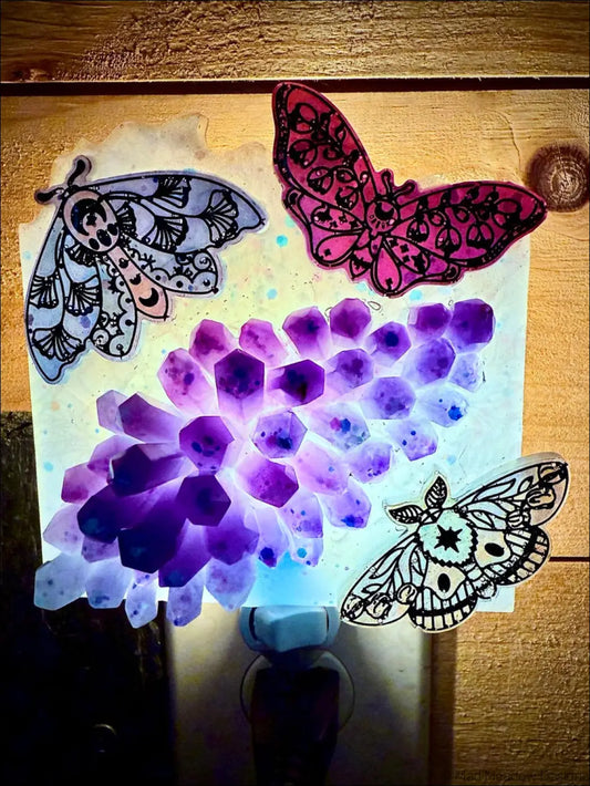 Purple and pink stained glass moths and crystal cluster wall night light with delicate iridescent moths on plug-in base