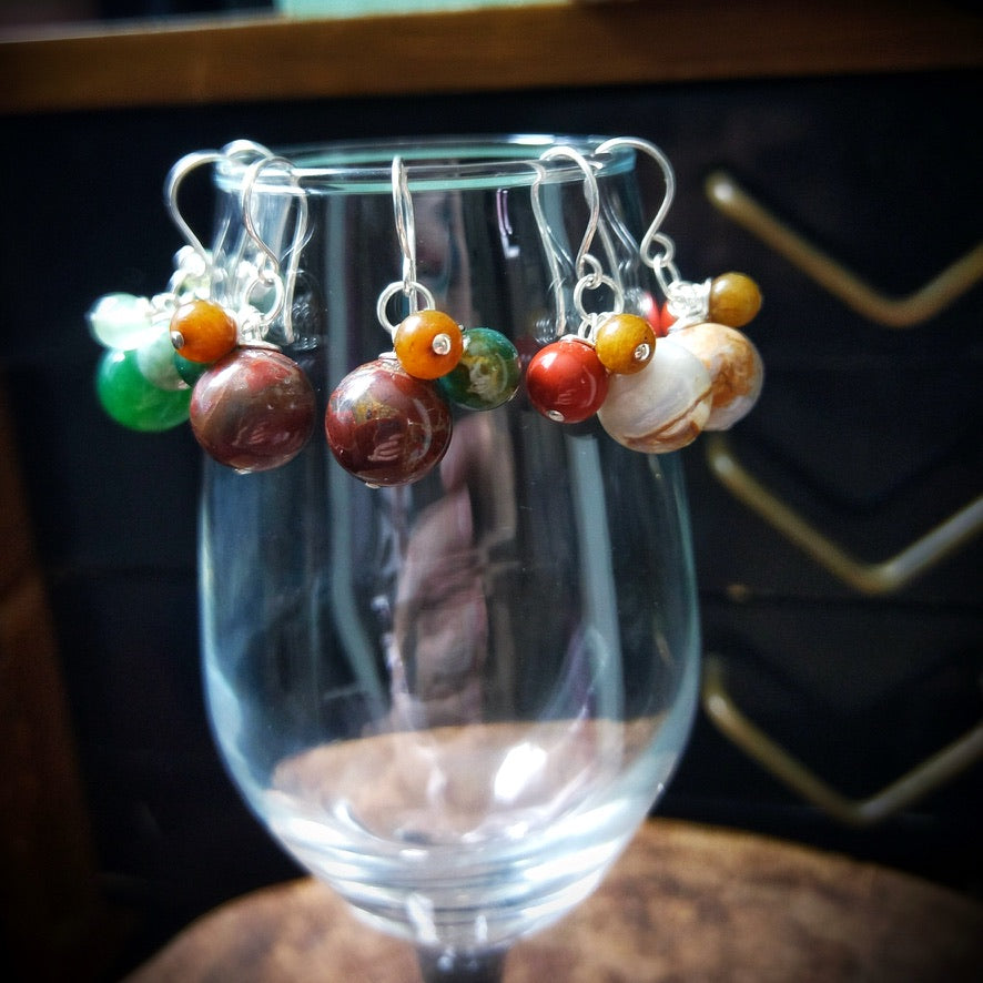 Multi-Color Jasper & Marble Gemstone Bobble Dangle Earrings - Jewelry