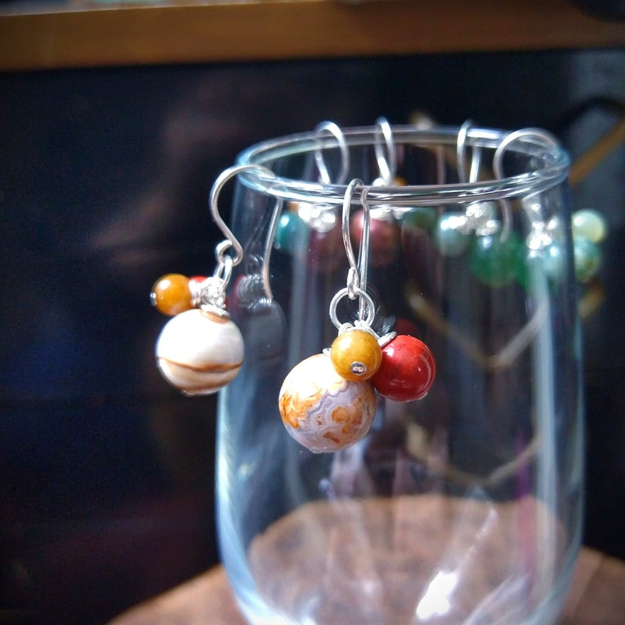 Multi-Color Jasper & Marble Gemstone Bobble Dangle Earrings - Jewelry