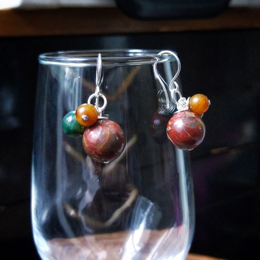 Multi-Color Jasper & Marble Gemstone Bobble Dangle Earrings - Poppy Jasper - Ocean Jasper - Ambronite - Jewelry