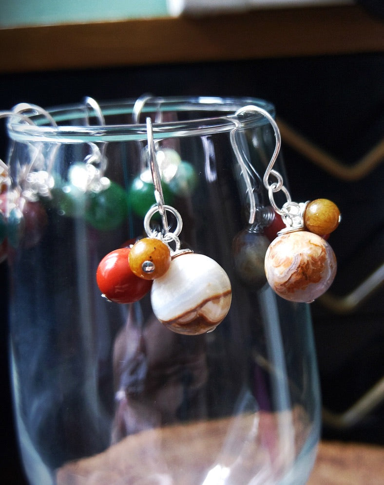 Multi-Color Jasper & Marble Gemstone Bobble Dangle Earrings - White Marble - Red Jasper - Ambronite - Jewelry