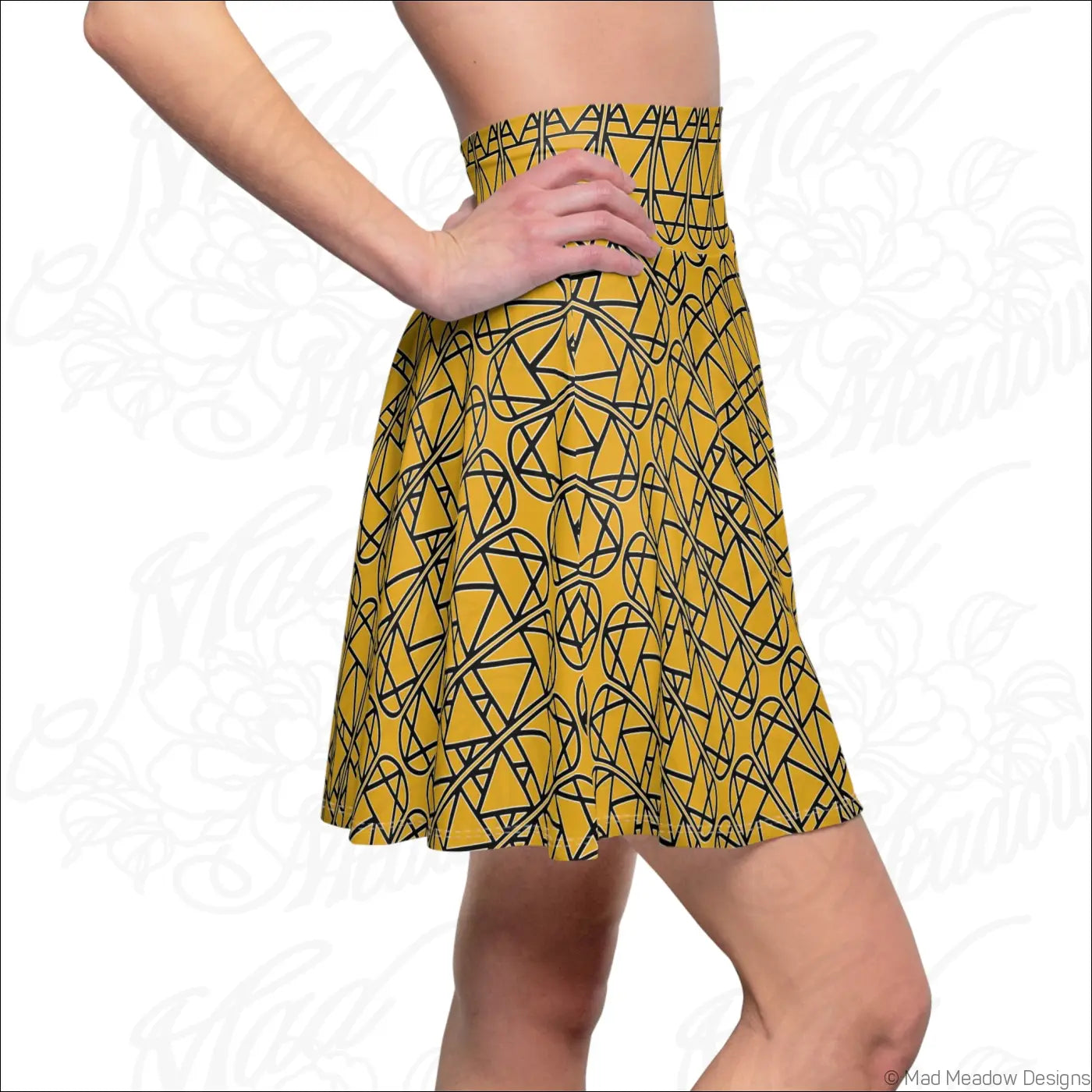 Vibrant yellow high-waisted skater skirt with black geometric column pattern made to line dry for easy care instructions