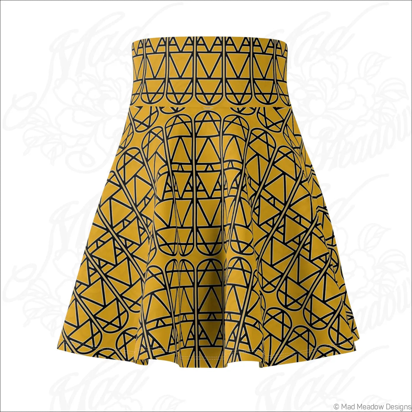 Mustard elemental column pattern women’s skater skirt with bold black geometric print and care instructions to hand wash