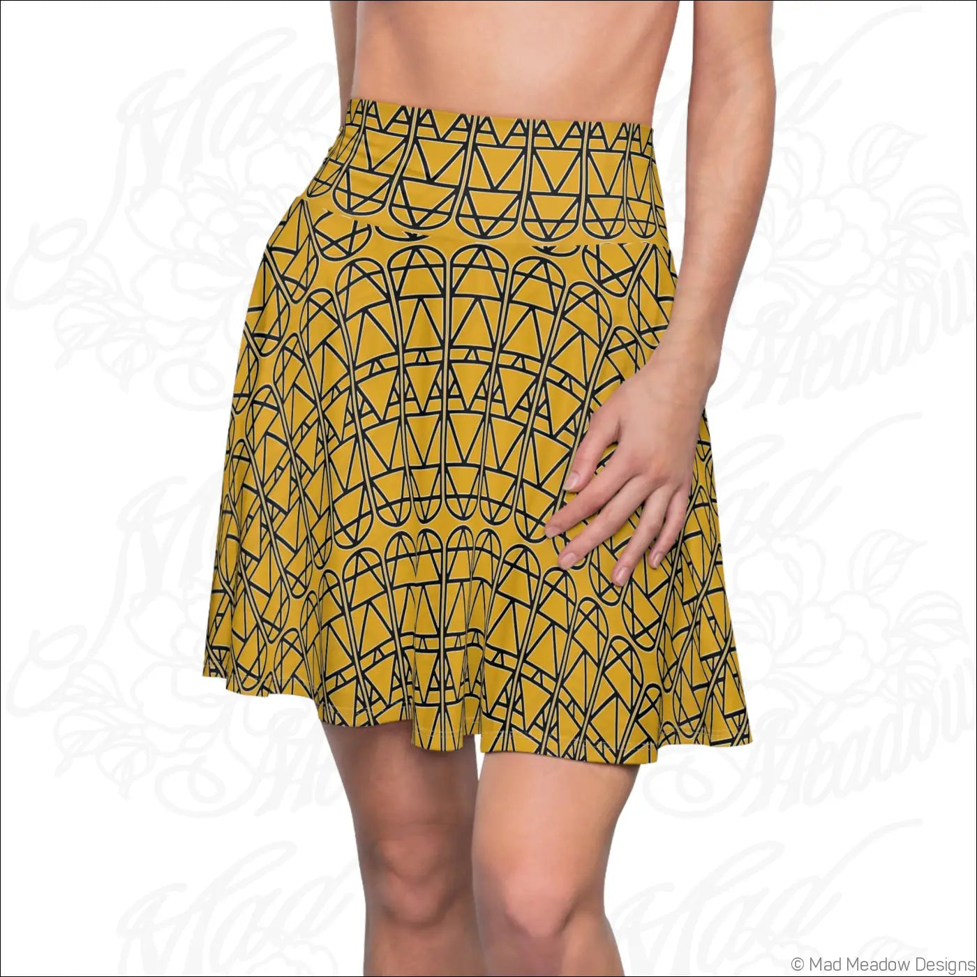 Mustard elemental column pattern womens skater skirt with black geometric print and easy care instructions to line dry