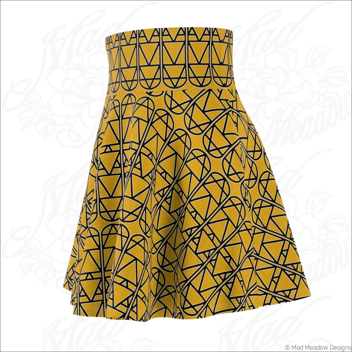 A yellow high waisted skater skirt with black geometric pattern featuring care instructions to line dry