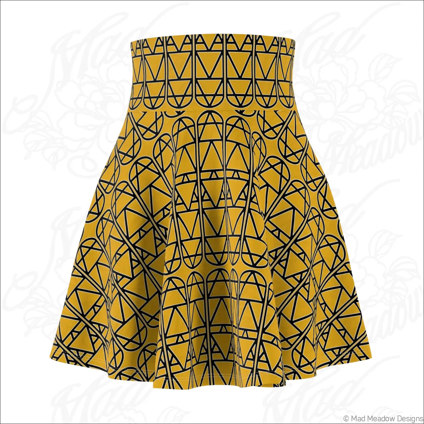 A high-waisted yellow skater skirt with bold black geometric column pattern, hand wash care instructions recommended