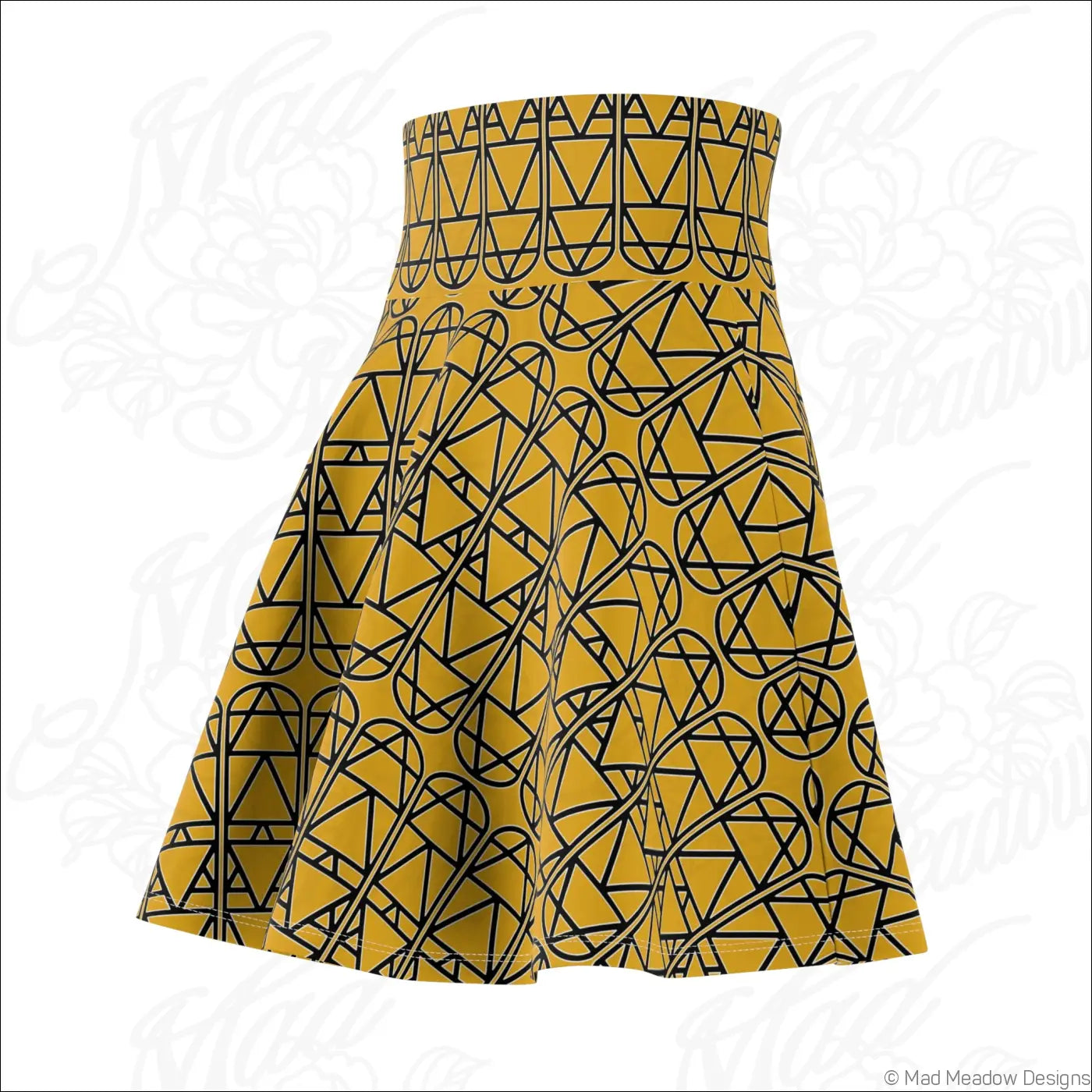 Mustard elemental column pattern women’s skater skirt with bold black geometric print and care instructions to line dry