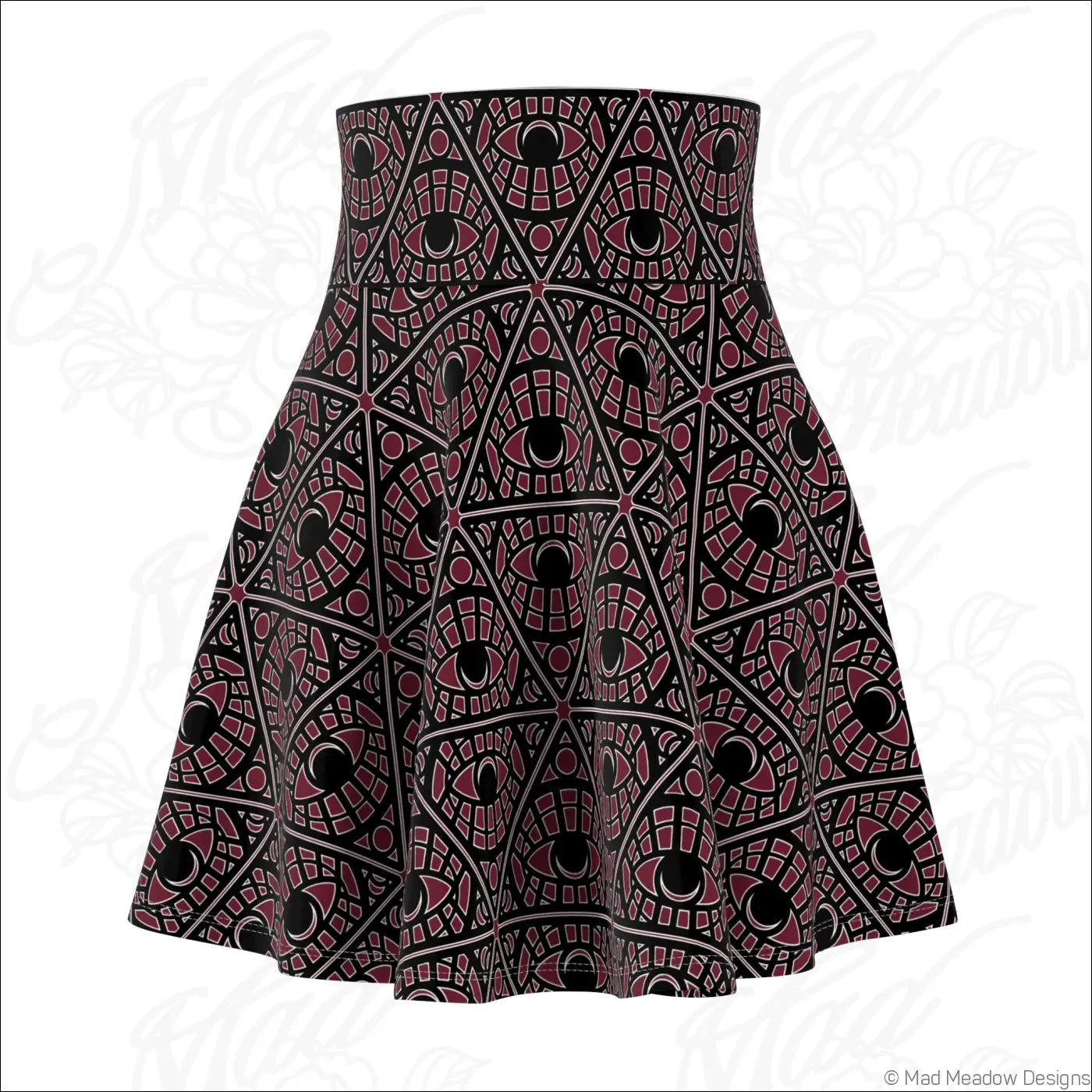 Mystic eye tribal pattern skater skirt in bordeaux with bold geometric eyes print on stretchy fabric and printed care label