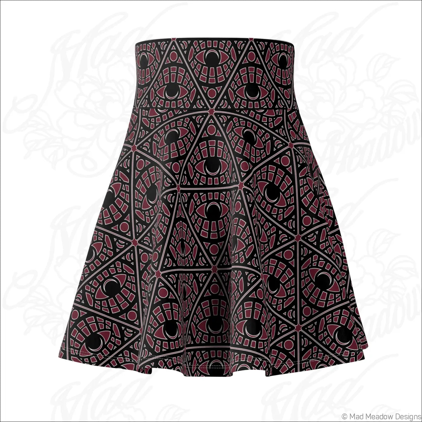 Flared bordeaux skater skirt with bold mystic eye tribal pattern in stretch fabric and printed care label visible