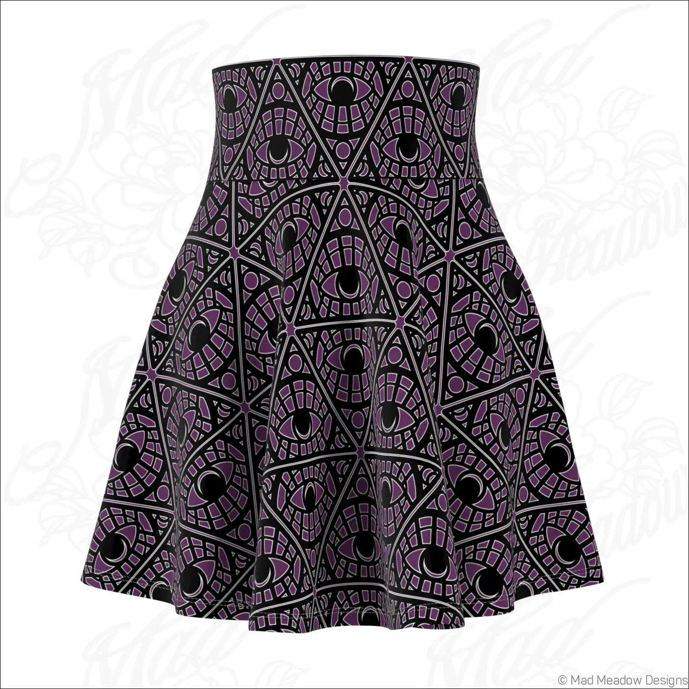 Flared eggplant skater skirt with bold mystic eye tribal pattern in stretch fabric and printed care label