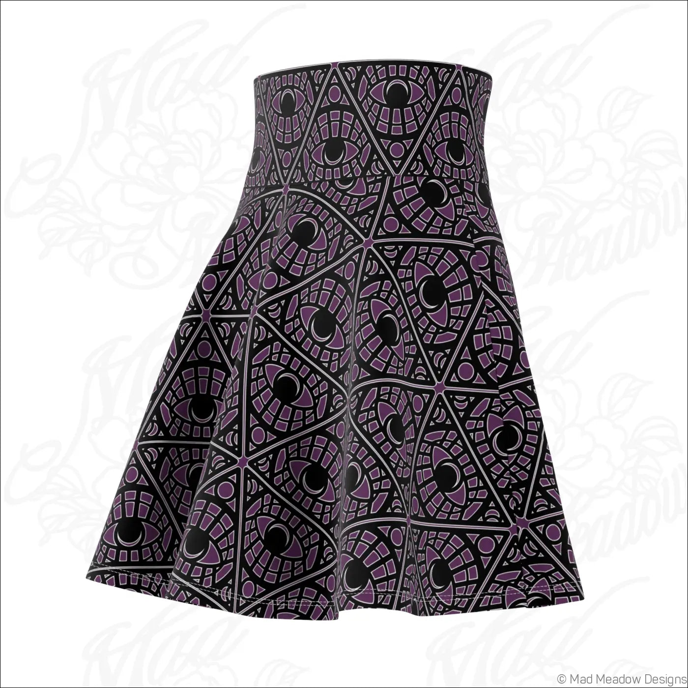 Mystic eye tribal pattern skater skirt in eggplant featuring bold purple and black geometric eyes print on stretch fabric