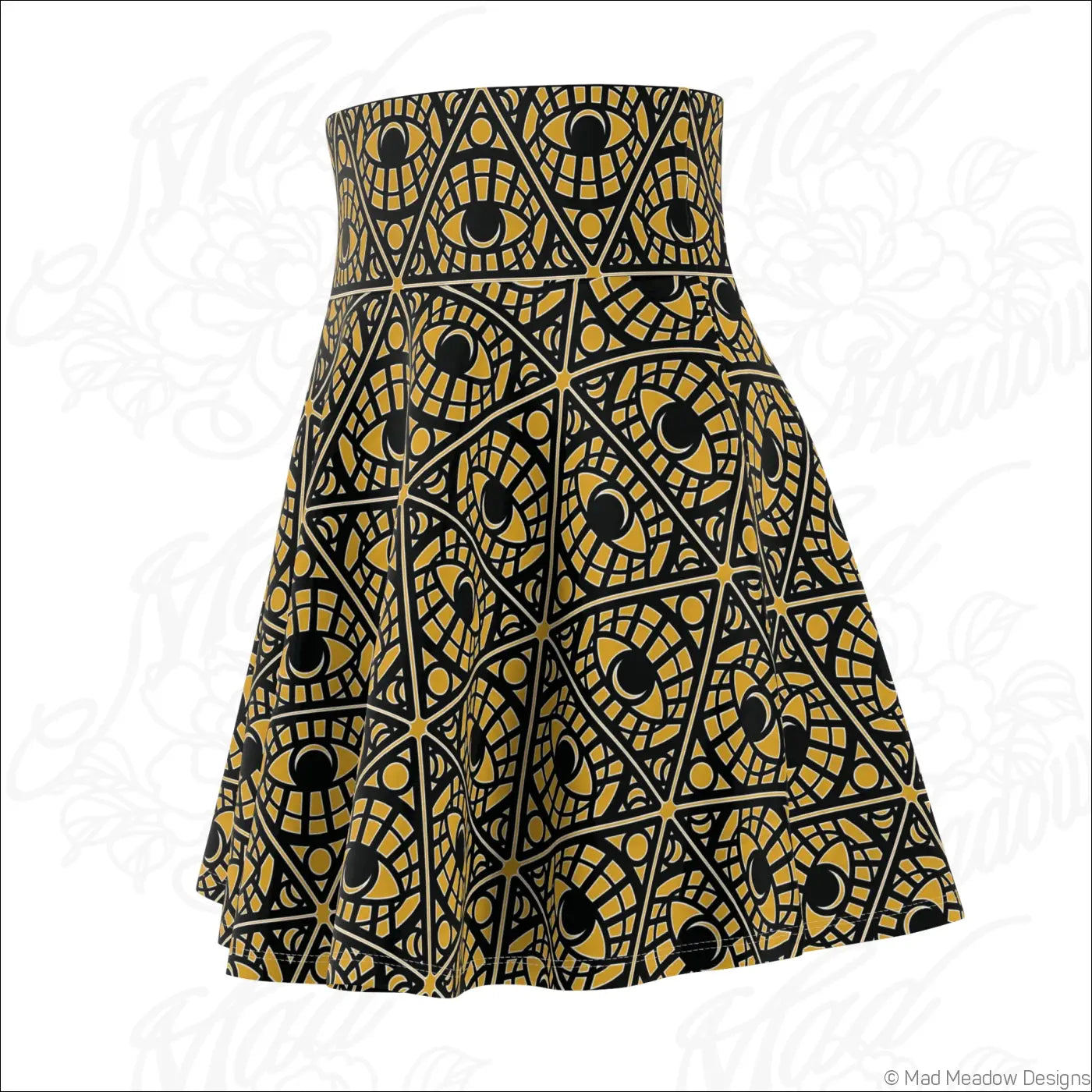 High-waisted skater skirt with bold black and gold mystic eye tribal print on stretch fabric with printed care label