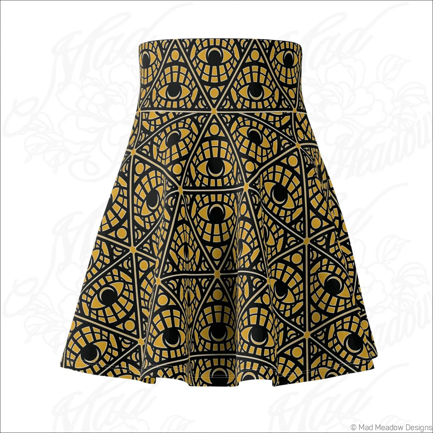 Mystic eye tribal pattern skater skirt with bold black and gold geometric eye print in stretch fabric with printed care label