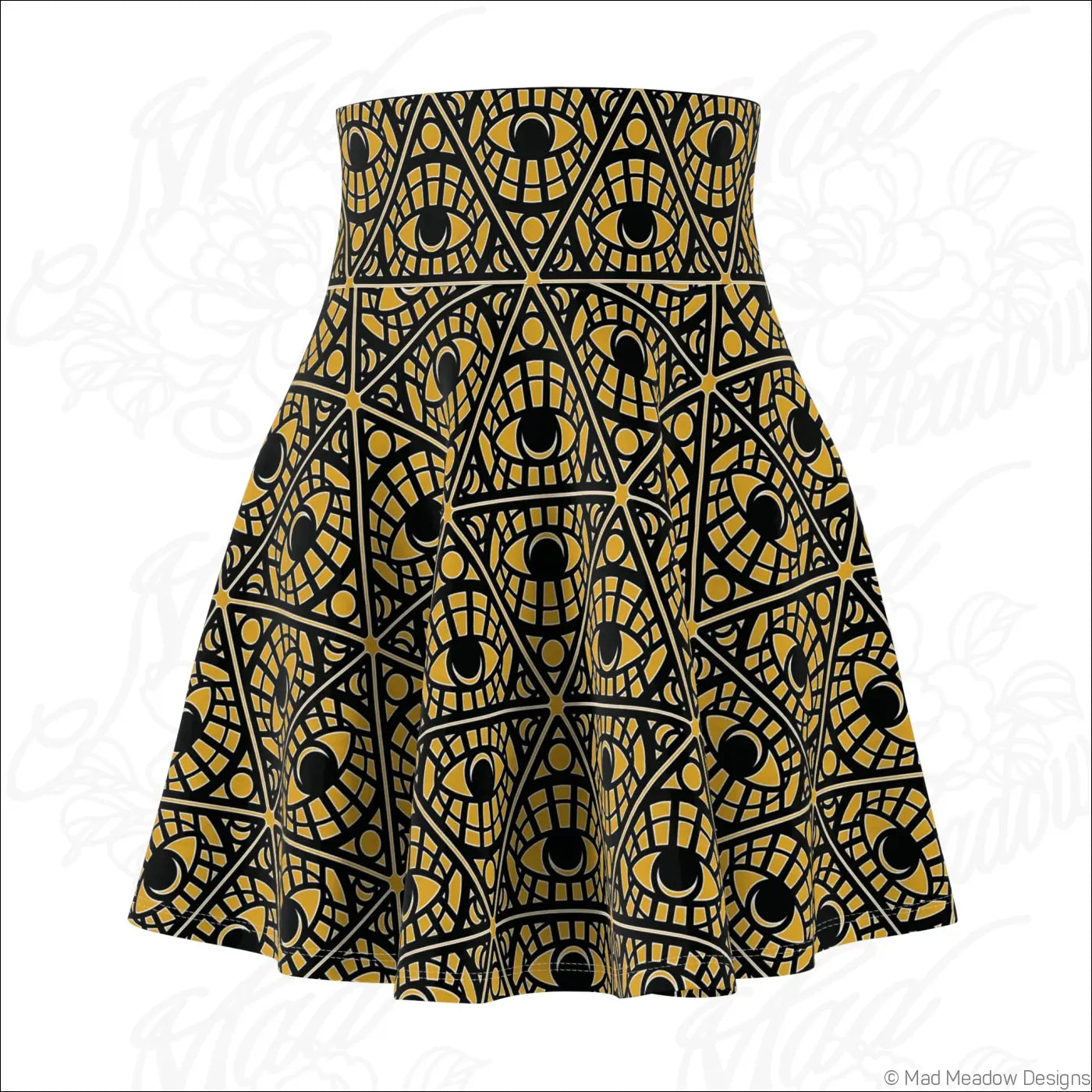 Mustard skater skirt with bold gold and black mystic eye tribal pattern on stretch fabric with printed care label