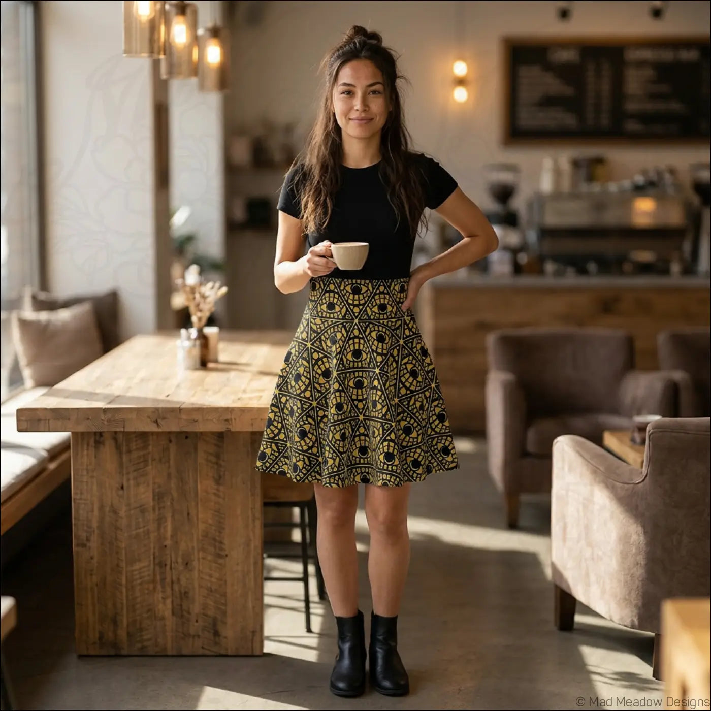 Black and gold geometric printed skater skirt with stretch fabric and flared hem featuring a printed care label