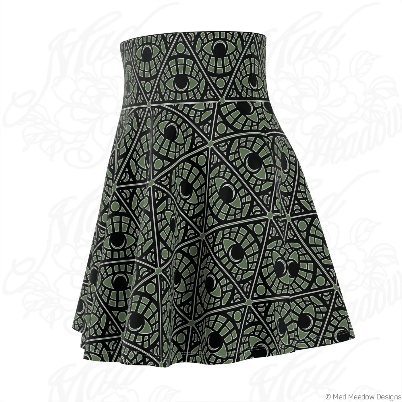 Flared skater skirt with bold olive green and black mystic eye tribal pattern on stretch fabric with printed care label