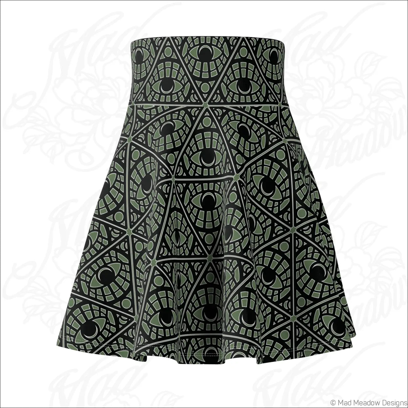 Black and olive green skater skirt with mystic eye tribal pattern printed on stretch fabric with printed care label