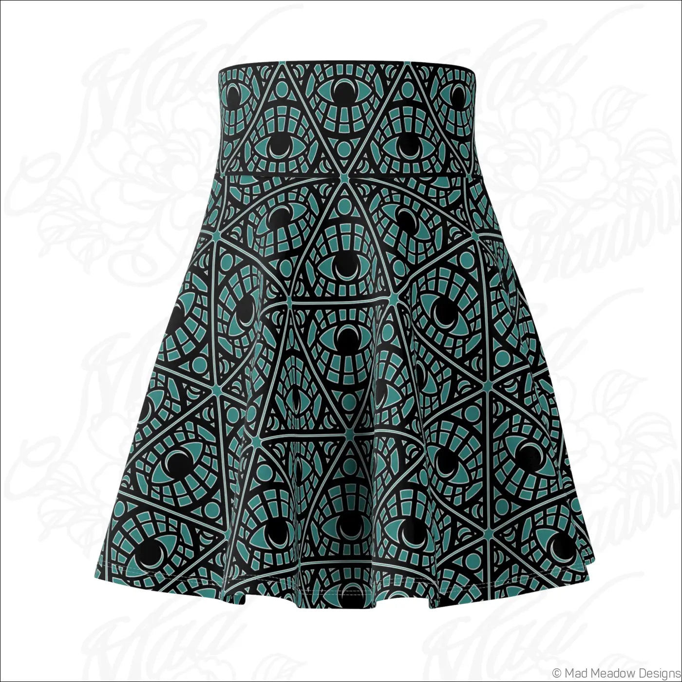 Flared skater skirt with bold teal and black eye print on stretch fabric featuring a printed care label