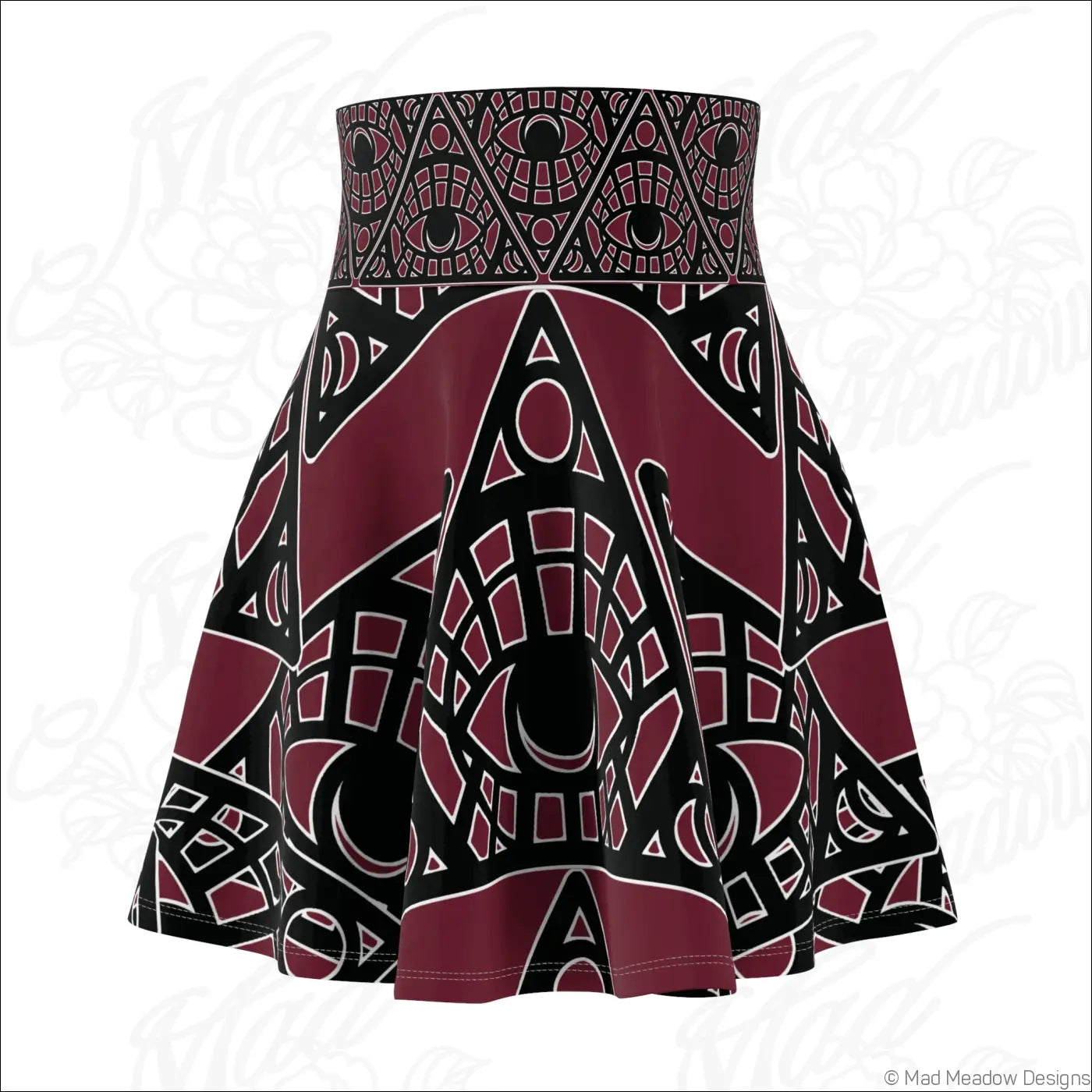 Mystic eye tribal skater skirt in bordeaux features bold geometric eye print on stretch fabric with printed care label