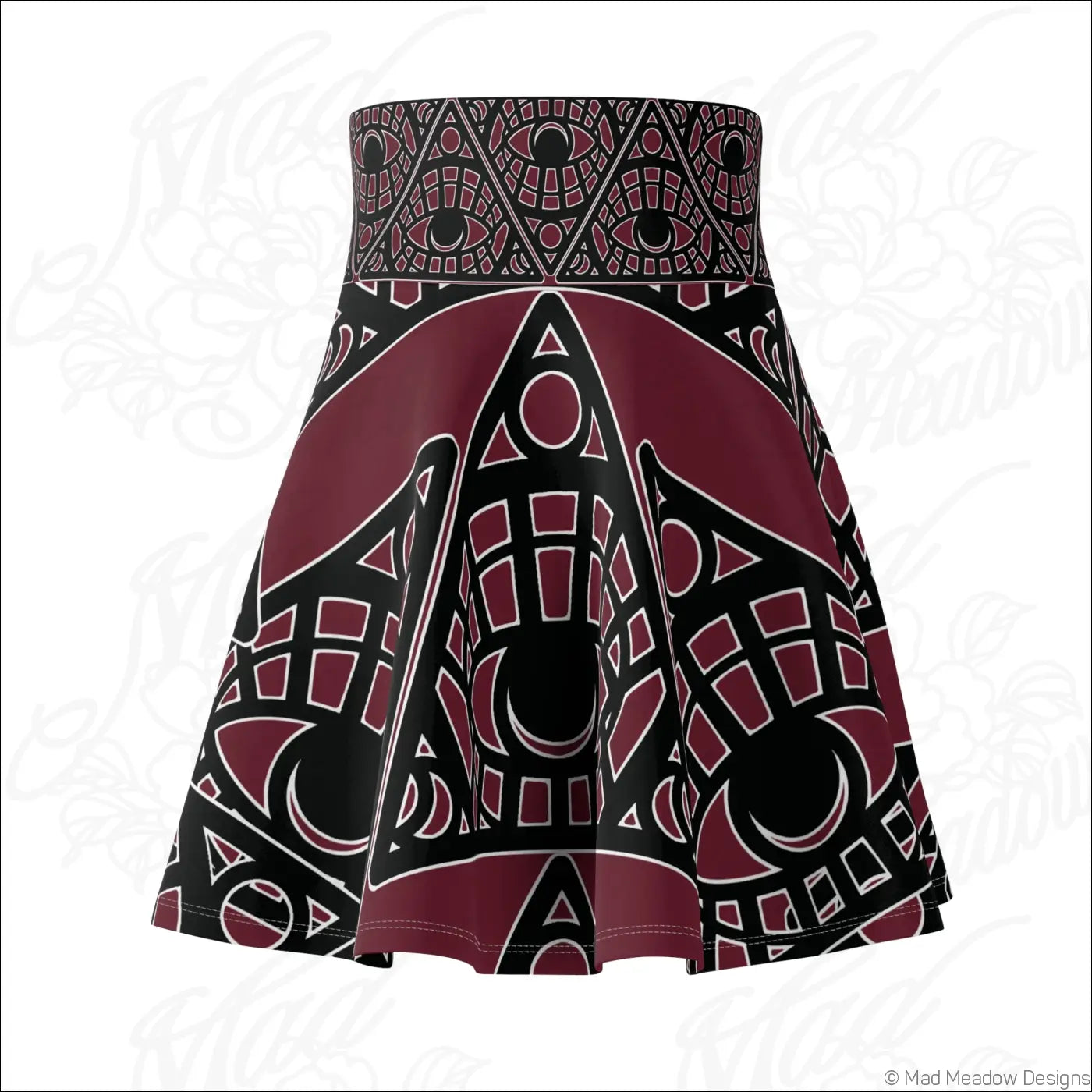 Flared maroon and black skater skirt with mystic eye print in stretch fabric and printed care label visible