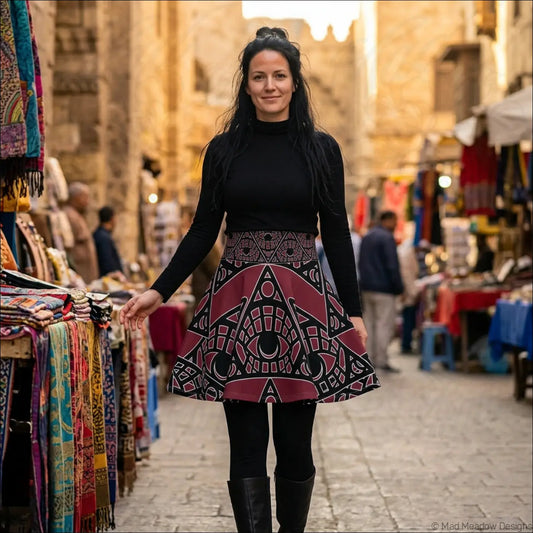 A woman wearing a bordeaux mystic eye tribal skater skirt with bold printed care label and stretch fabric details