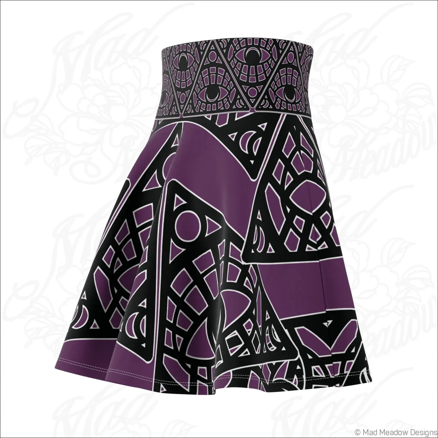 Purple and black mystic eye tribal skater skirt in stretch fabric with printed care label and geometric pattern
