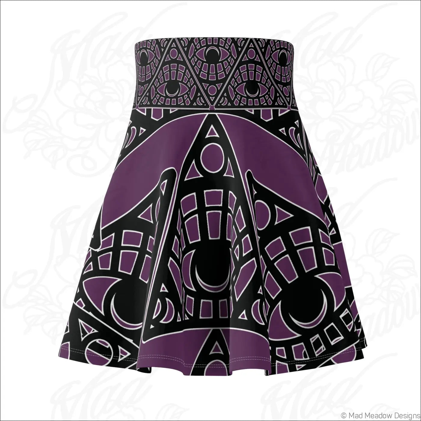 A high waisted flared skater skirt in eggplant with mystic eye tribal print and stretch fabric with printed care label