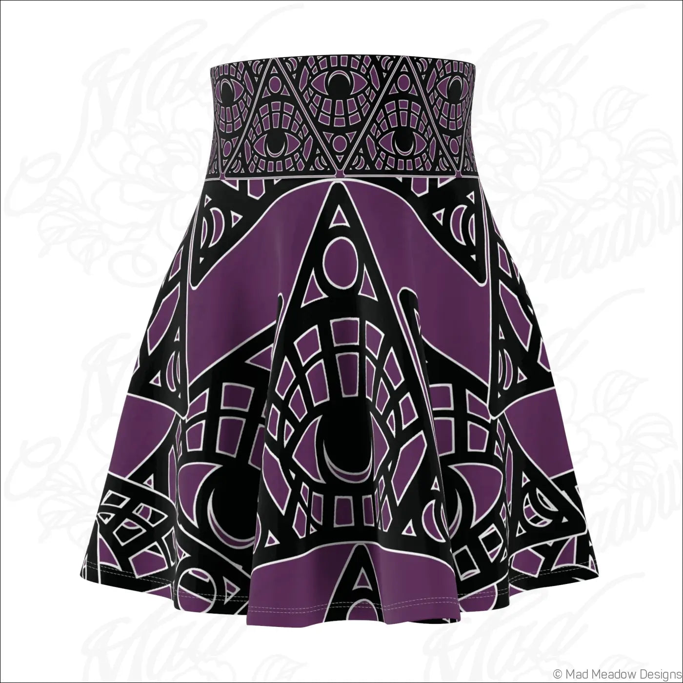 Mystic eye tribal skater skirt in eggplant stretch fabric with purple and black geometric print and printed care label