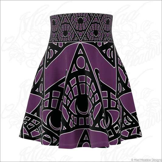 Mystic eye tribal skater skirt in eggplant stretch fabric with purple and black geometric print and printed care label