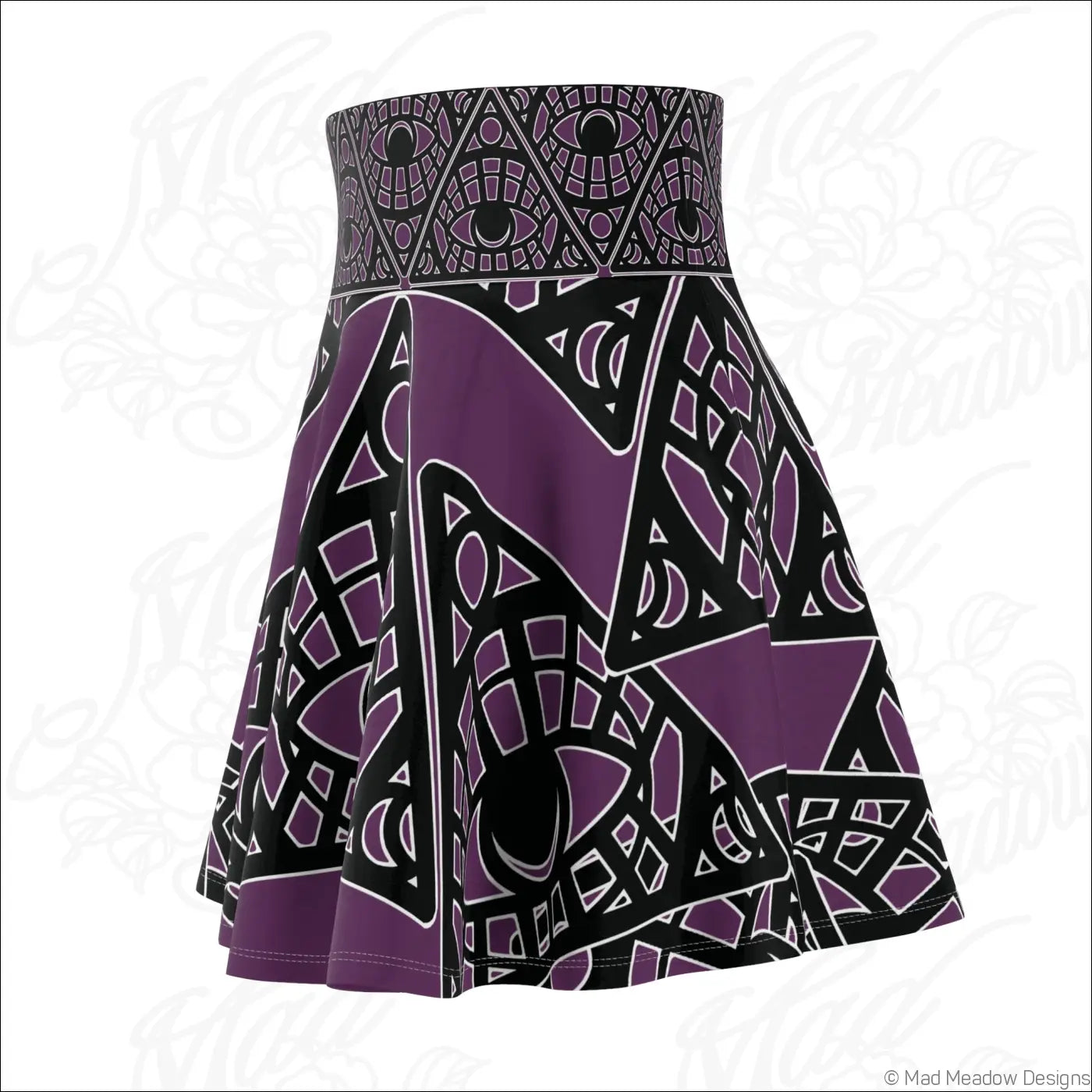 Purple and black mystic eye tribal skater skirt with stretch fabric and printed care label in eggplant allover print