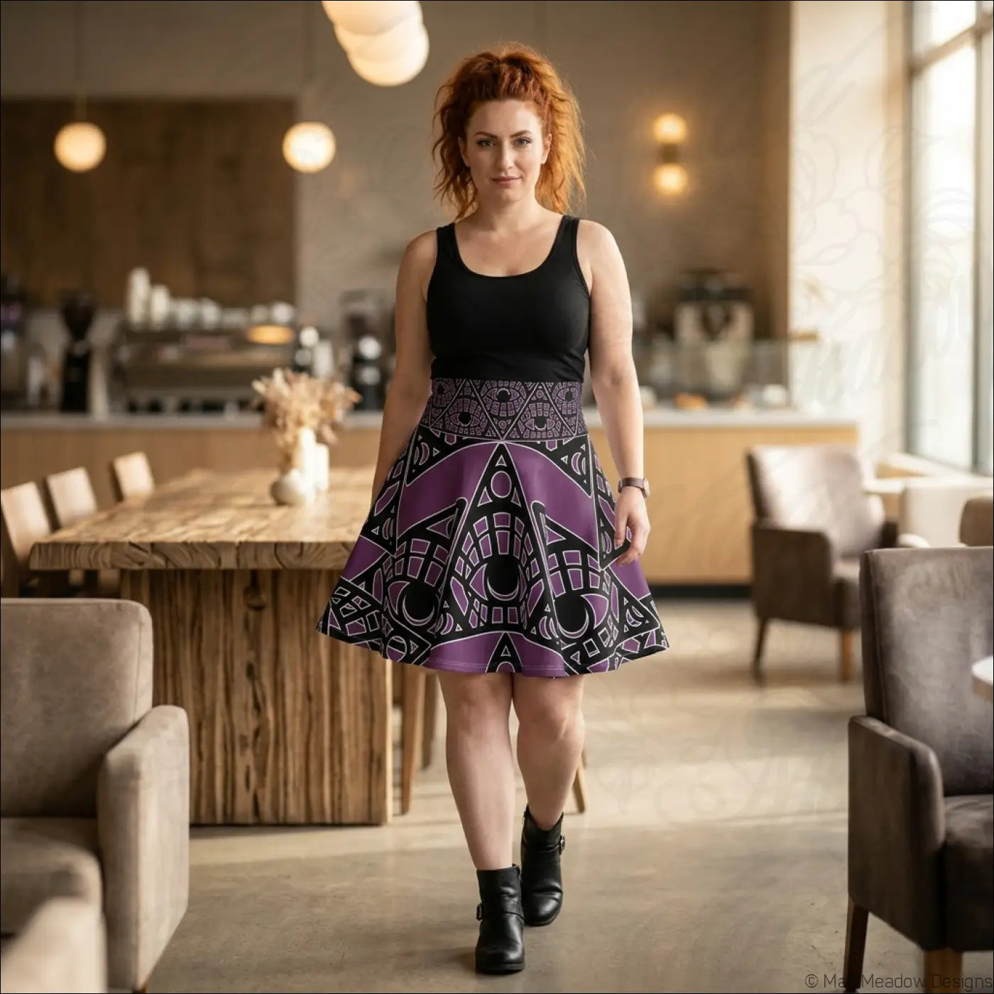 A woman wears a black and purple mystic eye tribal skater skirt with stretch fabric and printed care label visible