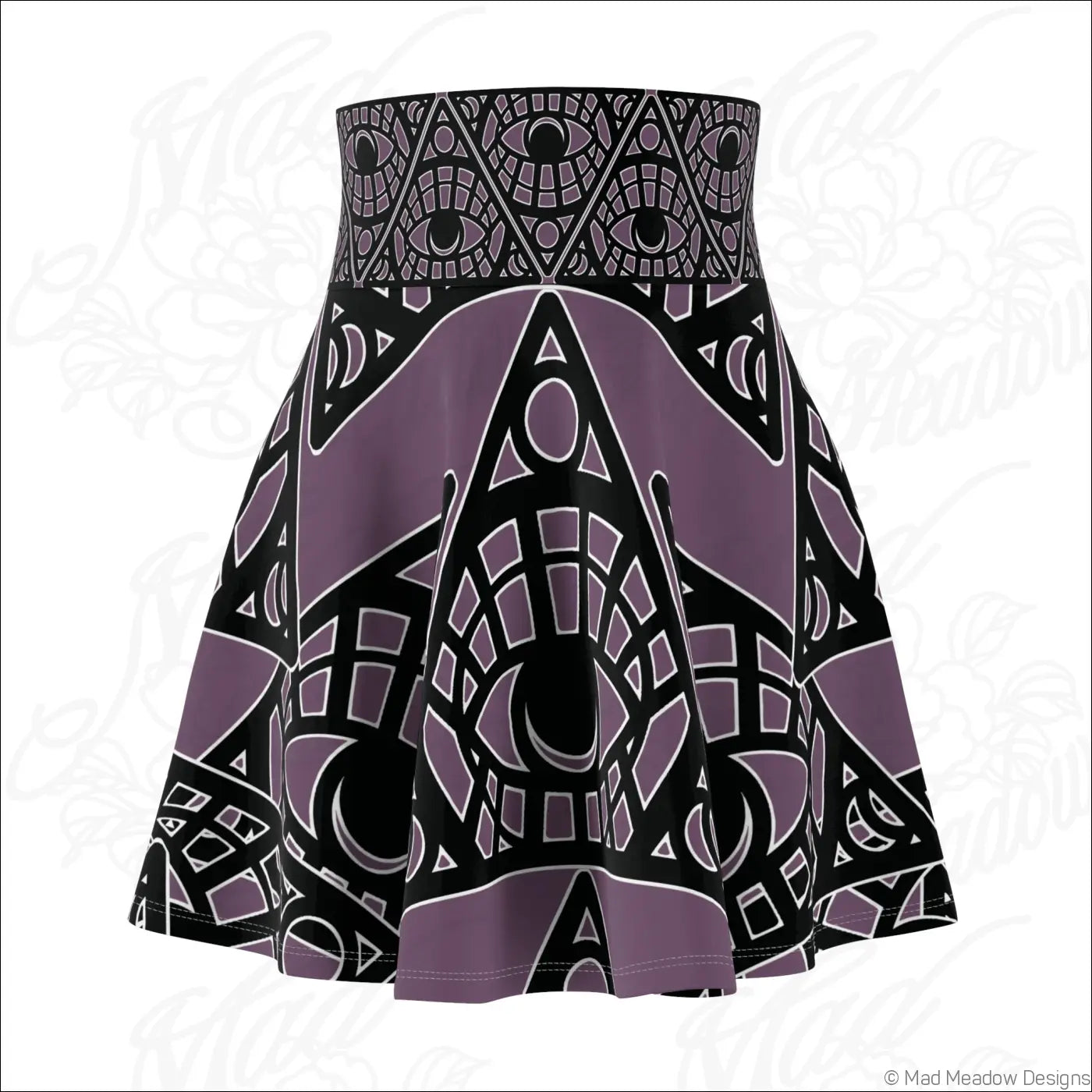 A high waisted tribal skater skirt in purple with mystic eye tribal print and an intricate geometric pattern