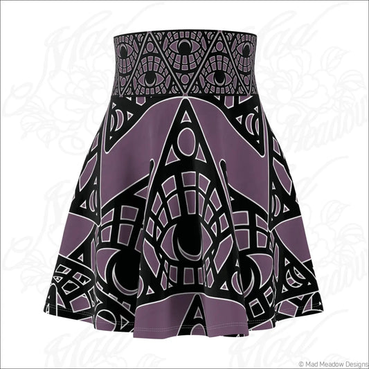 A high waisted tribal skater skirt in purple with mystic eye tribal print and an intricate geometric pattern