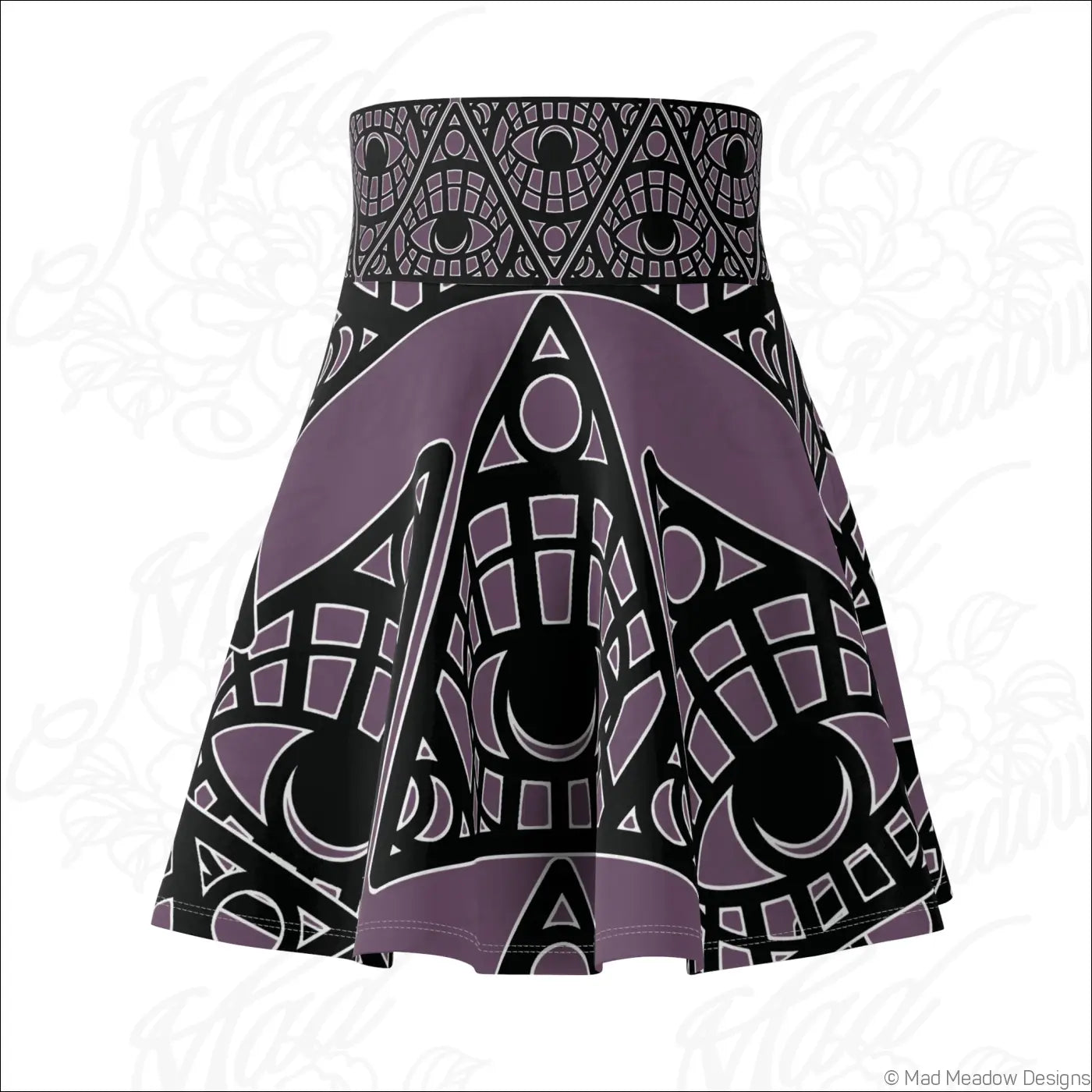 A flared tribal skater skirt in grape with mystic eye tribal print and bold black purple and white geometric designs